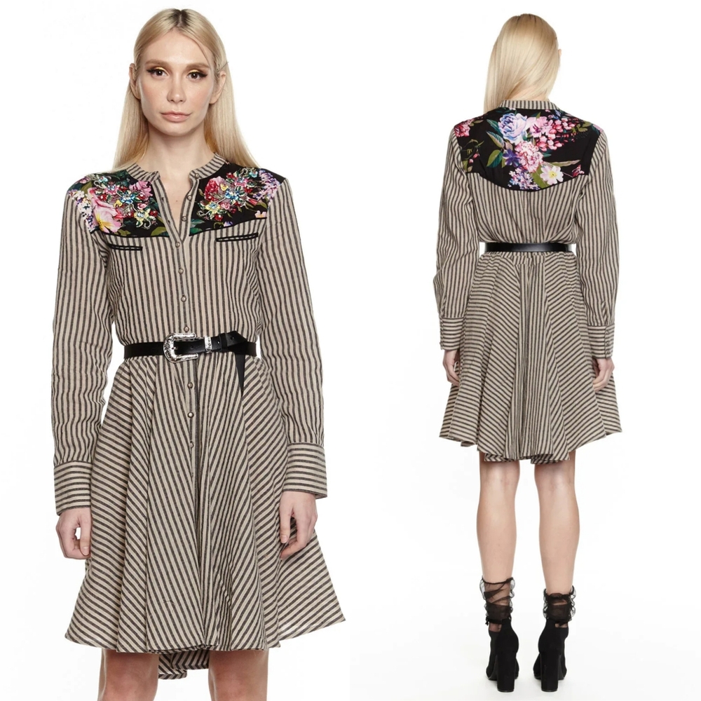 COPY - Aratta Salma Striped Long Sleeve Button Up Embellished Dress Size Medium